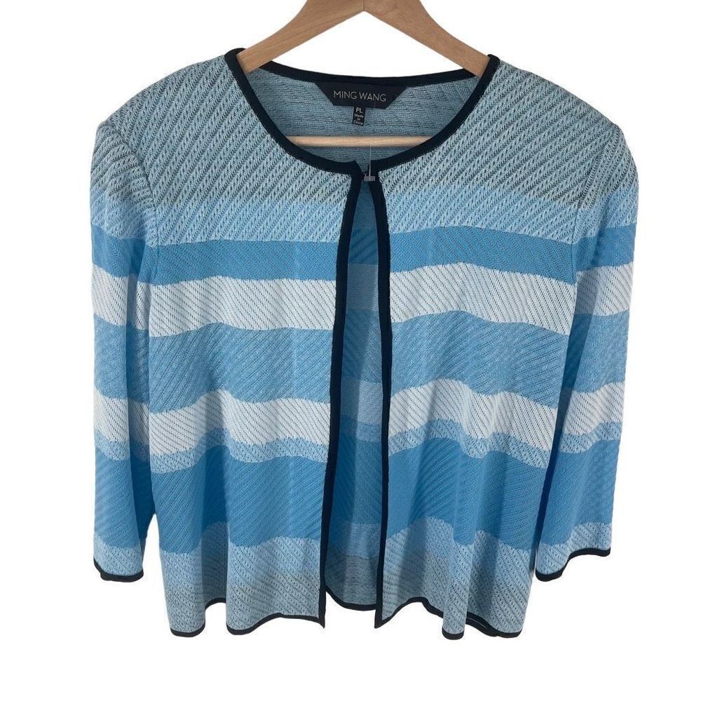 Ming Wang Women's Cardigan Sweater Hook Stripes Open 3/4 Sleeve Blue Size PL